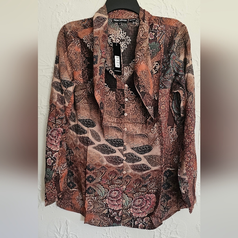 Tolani Collection Brown Floral Printed Woven Long-Sleeve Top w/ Neck Tie XS